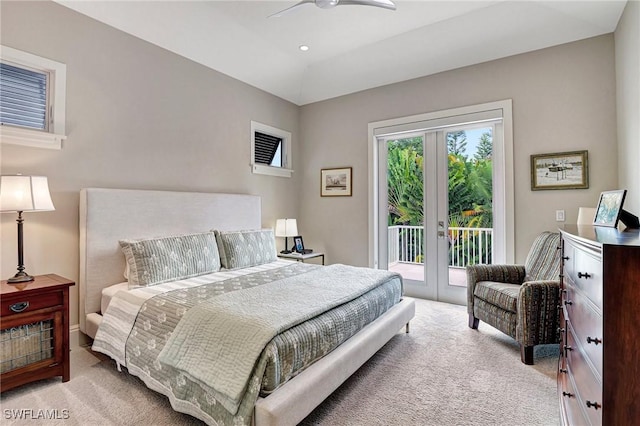 bedroom featuring light colored carpet, access to exterior, ceiling fan, and french doors