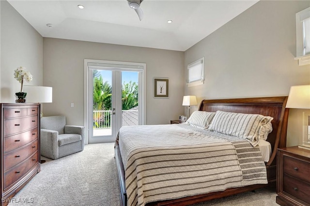 bedroom with light colored carpet, access to exterior, and ceiling fan