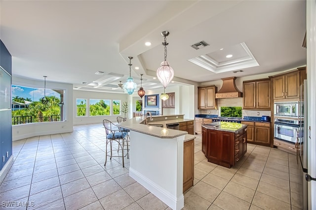 kitchen with appliances with stainless steel finishes, hanging light fixtures, custom range hood, an island with sink, and a raised ceiling