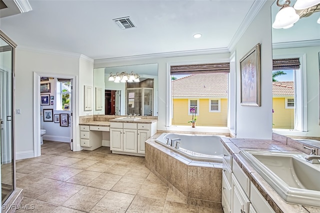 full bathroom featuring vanity, plenty of natural light, and crown molding