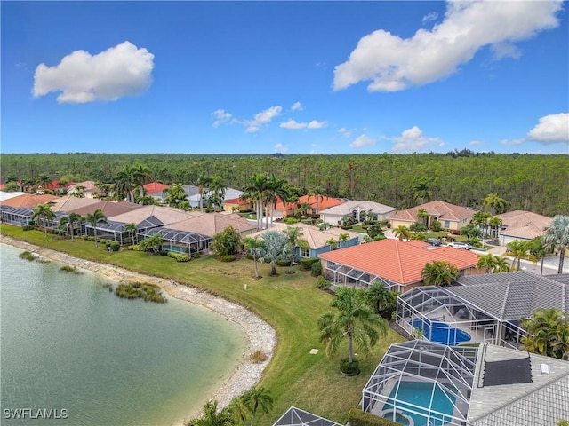 bird's eye view with a water view