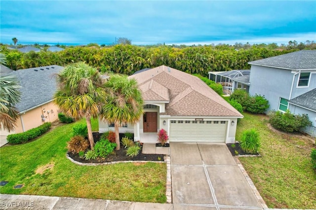 view of front of property with a garage, a lanai, and a front lawn