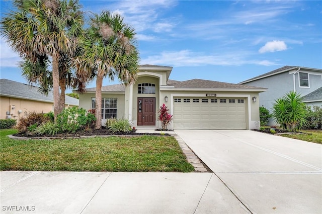 view of front of house with a garage and a front lawn