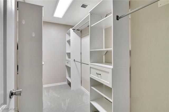 spacious closet featuring light colored carpet