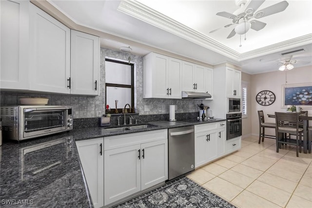 kitchen featuring light tile patterned floors, stainless steel appliances, sink, and white cabinets