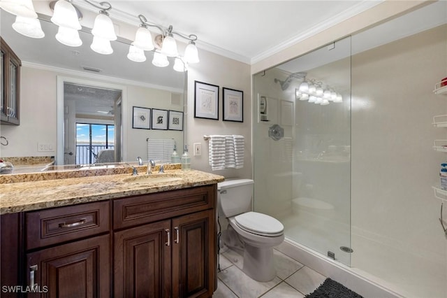 bathroom with crown molding, toilet, an enclosed shower, and tile patterned flooring