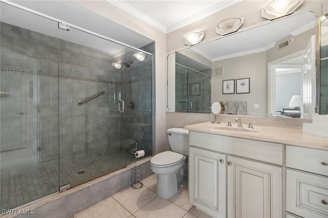 bathroom featuring vanity, ornamental molding, tile patterned floors, and walk in shower