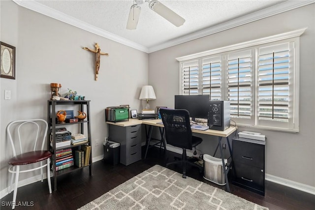 home office featuring dark hardwood / wood-style flooring, a healthy amount of sunlight, ceiling fan, and a textured ceiling