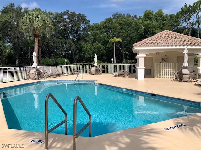 pool featuring a patio and fence