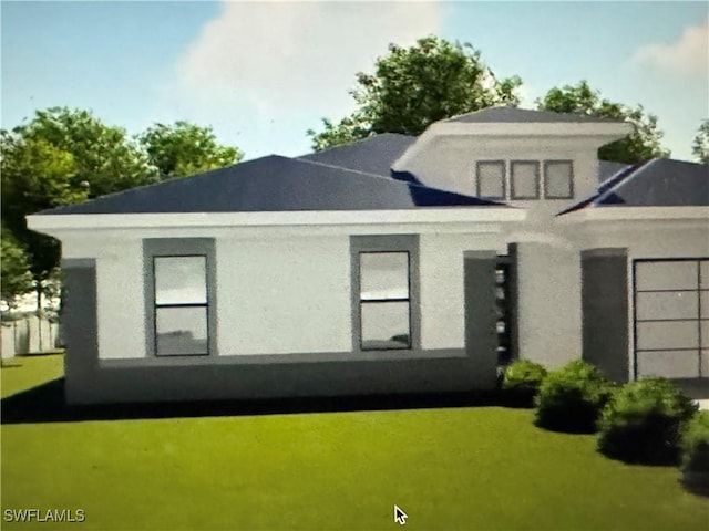 543 Mcarthur Blvd, Lehigh Acres, FL 33974 - rear view of house featuring stucco siding, a lawn, and an attached garage