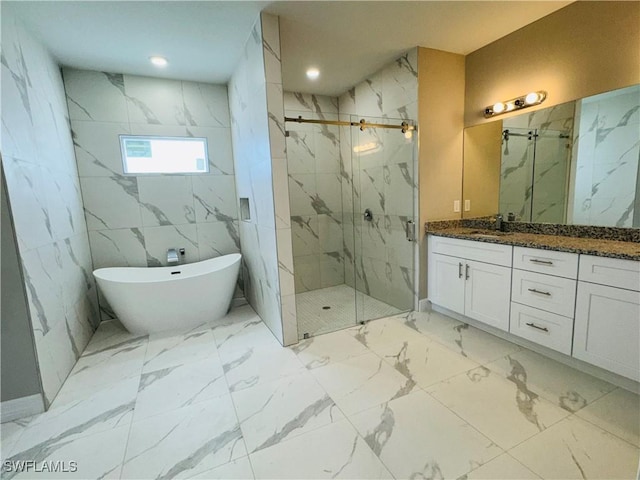 543 Mcarthur Blvd, Lehigh Acres, FL 33974 - bathroom featuring a marble finish shower, vanity, a soaking tub, marble look tiles, and recessed lighting