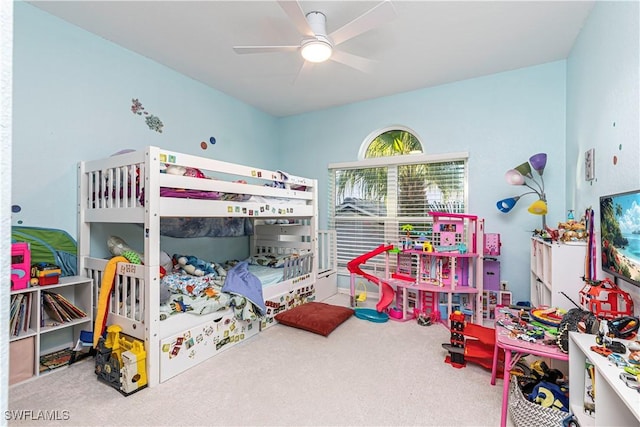 carpeted bedroom featuring ceiling fan