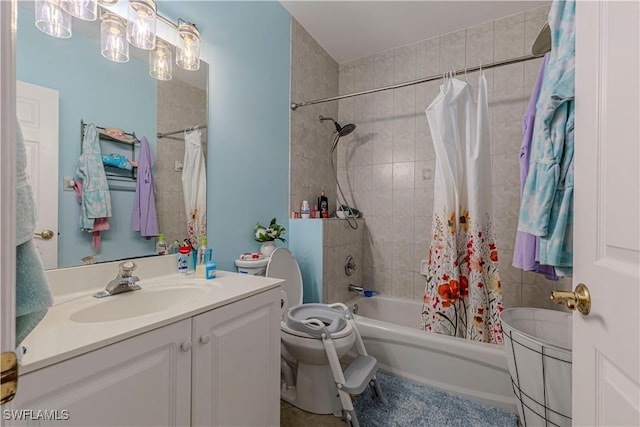 full bathroom with toilet, vanity, and shower / bathtub combination with curtain