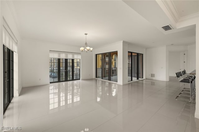 tiled empty room featuring a notable chandelier, crown molding, and french doors