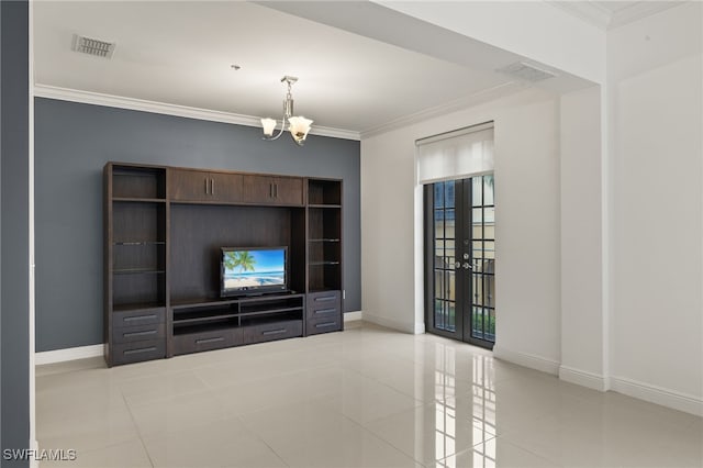 unfurnished living room featuring french doors, ornamental molding, an inviting chandelier, and light tile patterned floors