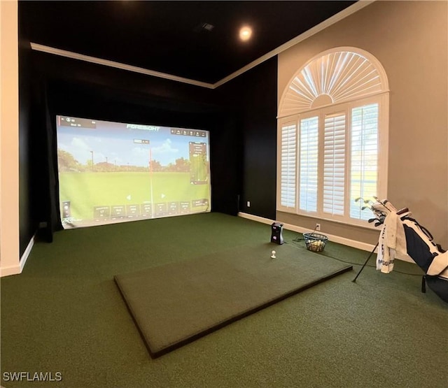 carpeted home theater featuring golf simulator and ornamental molding