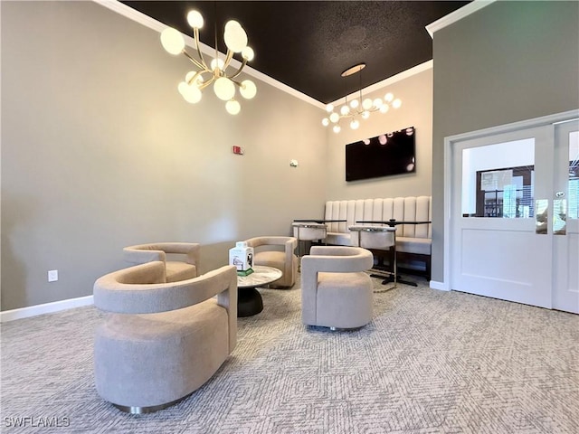 living area featuring ornamental molding, vaulted ceiling, and carpet flooring