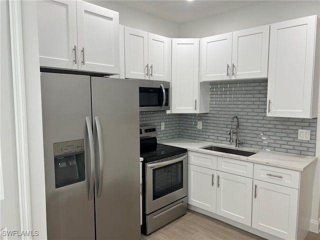 kitchen with sink, stainless steel appliances, white cabinets, and decorative backsplash