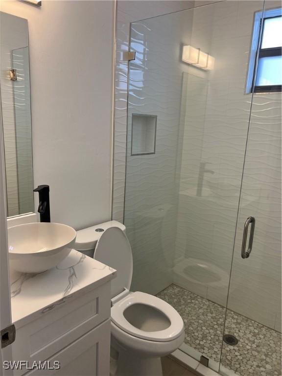 bathroom with vanity, a shower with shower door, and toilet