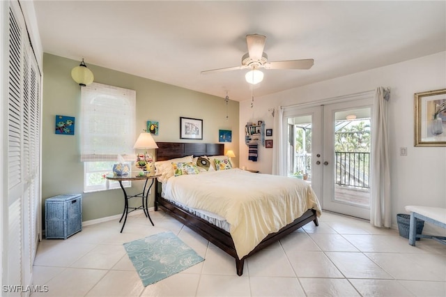3025 Turtle Gait Ln, Sanibel, FL 33957 - tiled bedroom with french doors, access to exterior, baseboards, and ceiling fan
