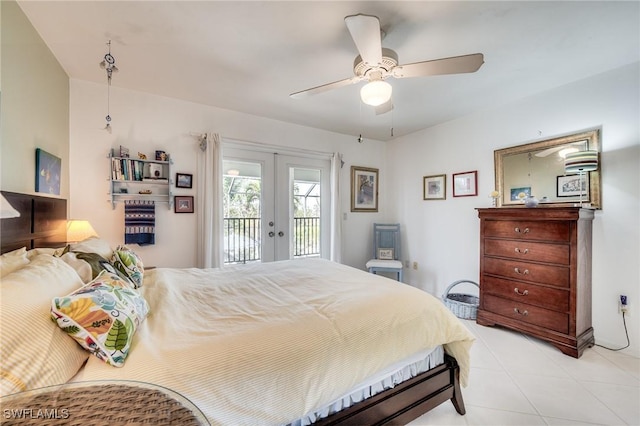3025 Turtle Gait Ln, Sanibel, FL 33957 - bedroom with access to outside, french doors, light tile patterned flooring, and ceiling fan
