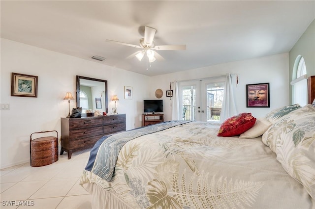 3025 Turtle Gait Ln, Sanibel, FL 33957 - bedroom featuring access to outside, light tile patterned floors, ceiling fan, visible vents, and french doors