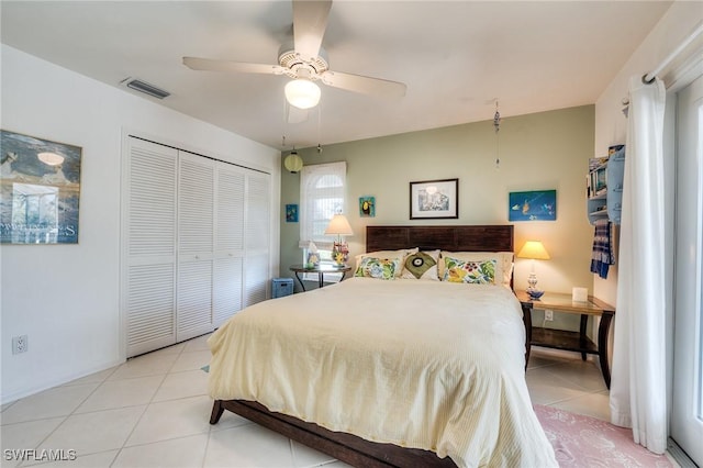 3025 Turtle Gait Ln, Sanibel, FL 33957 - bedroom featuring a closet, light tile patterned floors, a ceiling fan, and visible vents