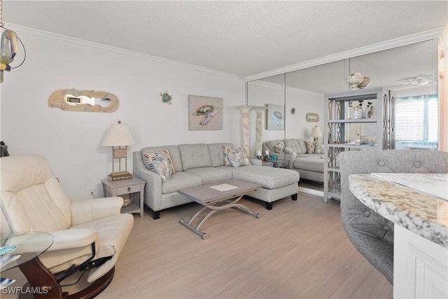 living room featuring crown molding and light hardwood / wood-style floors