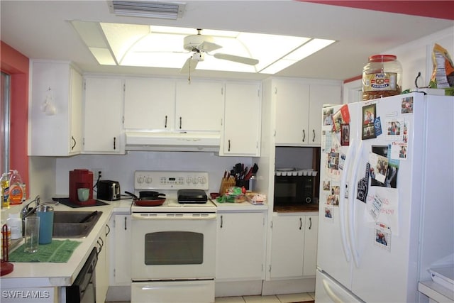 kitchen featuring sink, white cabinets, ceiling fan, and black appliances