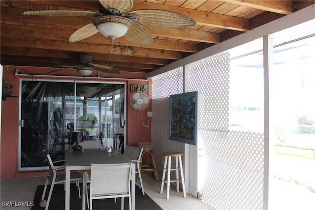 sunroom / solarium with ceiling fan, a healthy amount of sunlight, beam ceiling, and wooden ceiling