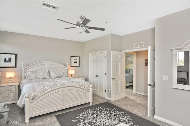 bedroom featuring ceiling fan and carpet flooring