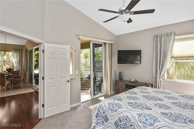 bedroom with lofted ceiling, access to exterior, and ceiling fan