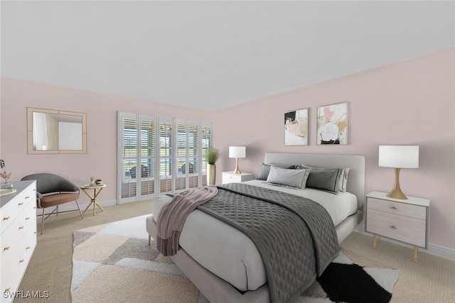 bedroom featuring light carpet and baseboards