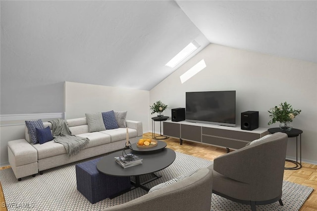 living room featuring lofted ceiling with skylight and light parquet floors