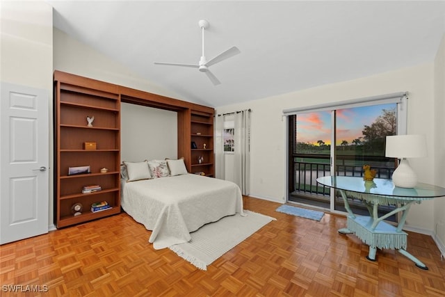 bedroom featuring lofted ceiling, access to exterior, ceiling fan, and baseboards