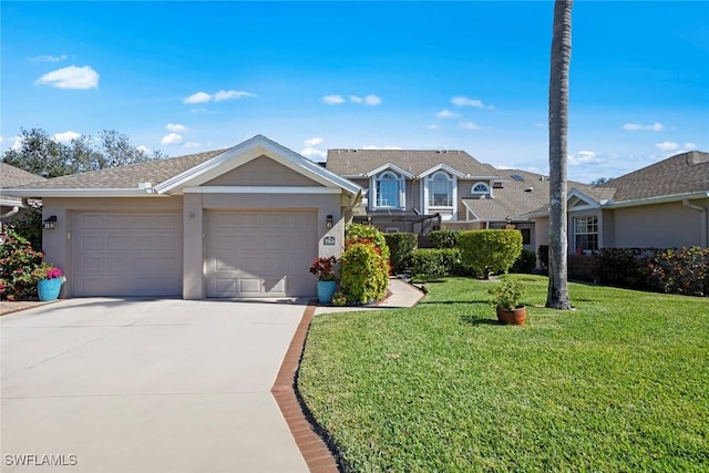 traditional-style house with stucco siding, a shingled roof, a garage, driveway, and a front lawn