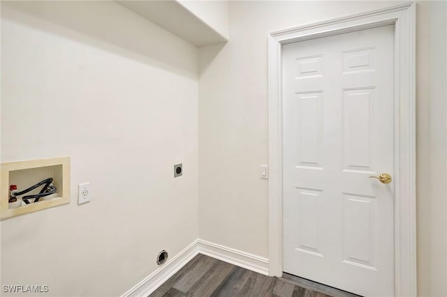 clothes washing area featuring washer hookup, electric dryer hookup, dark wood-style floors, baseboards, and laundry area