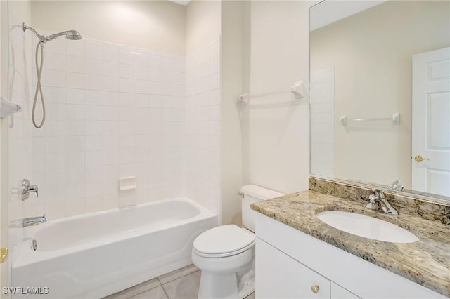 full bathroom with vanity, shower / bath combination, tile patterned flooring, and toilet