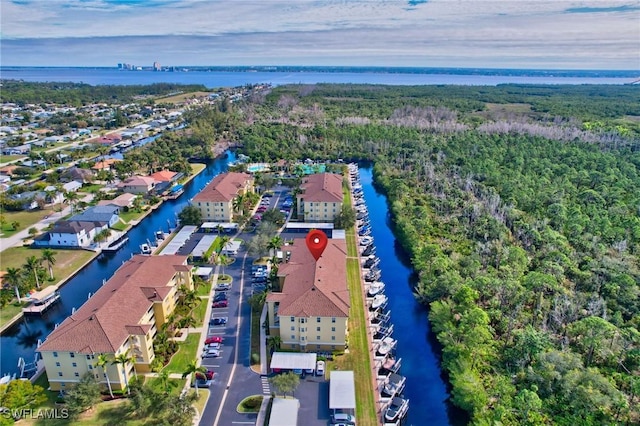 drone / aerial view featuring a water view