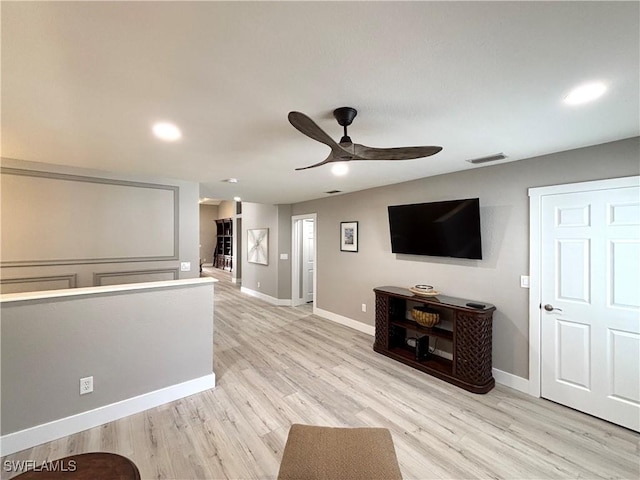 unfurnished living room featuring ceiling fan and light hardwood / wood-style floors