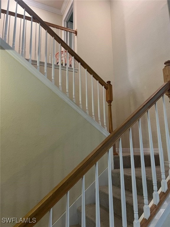 staircase featuring crown molding