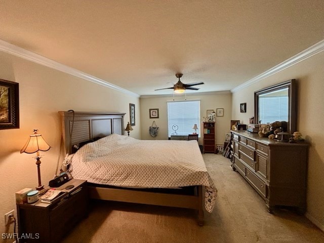 carpeted bedroom featuring multiple windows, crown molding, and ceiling fan