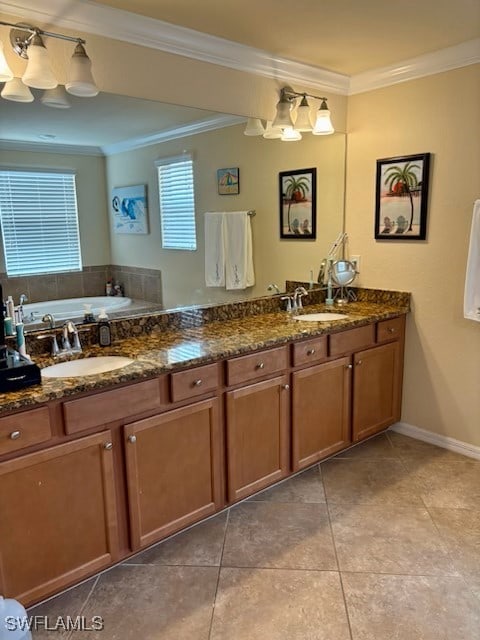 bathroom featuring vanity, crown molding, and tile patterned floors