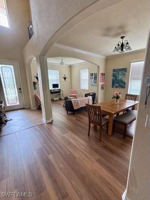 dining area with a healthy amount of sunlight, ornamental molding, and hardwood / wood-style floors