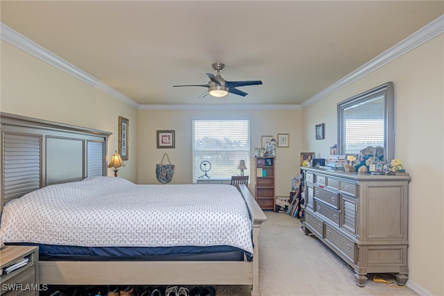 bedroom with light carpet, crown molding, and multiple windows