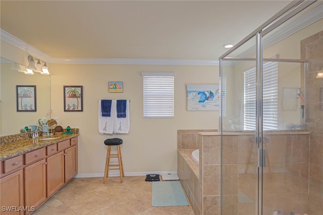 bathroom featuring ornamental molding, separate shower and tub, vanity, and tile patterned floors