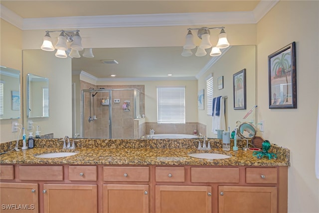 bathroom featuring crown molding, an enclosed shower, and vanity