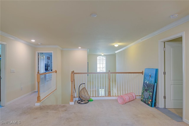 basement with light colored carpet and ornamental molding