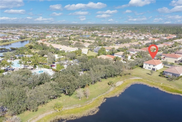 drone / aerial view featuring a water view