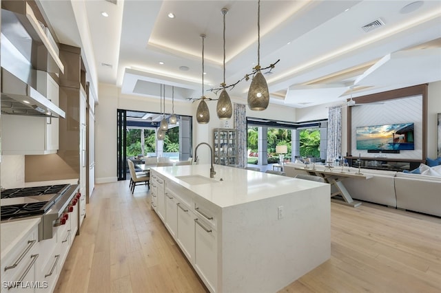 kitchen with stainless steel gas stovetop, sink, wall chimney exhaust hood, a tray ceiling, and a spacious island